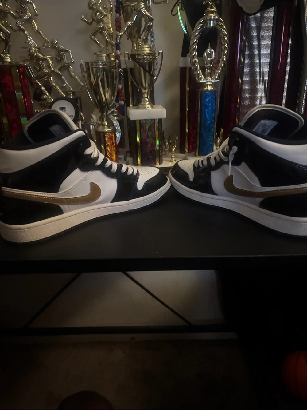 Jordan Kids High-Top Sneakers in White and Black with Gold Jumpman